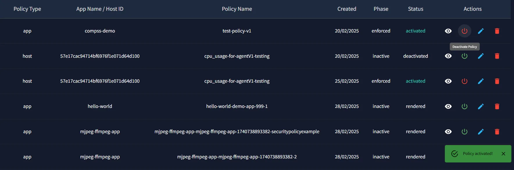 Policy Activated Notification