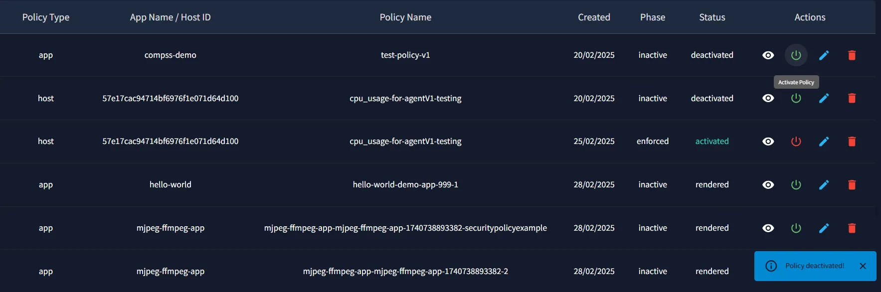 Policy Deactivated Notification
